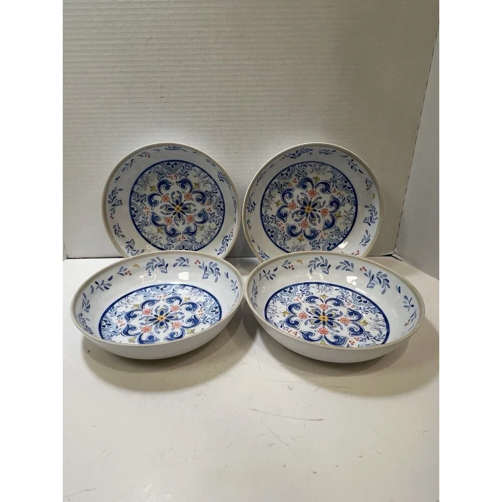 Melamine Pasta Bowls Mediterranean Print Blue Yellow On White Tan Rim Set of 4